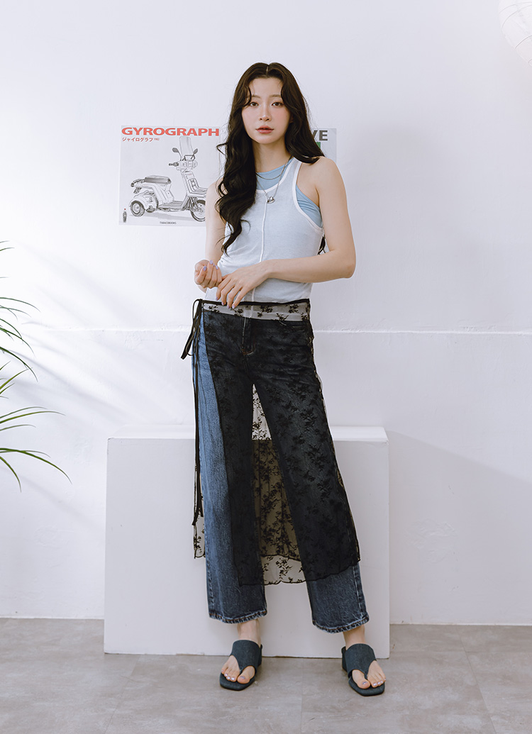 GraceGift 平價女鞋 時尚秀場 方頭 極簡美學柔感人字中跟拖鞋 牛仔