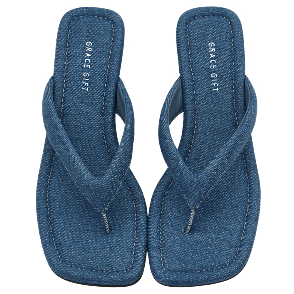 GraceGift 平價女鞋 時尚秀場 方頭 韓系慵懶人字中跟拖鞋 牛仔