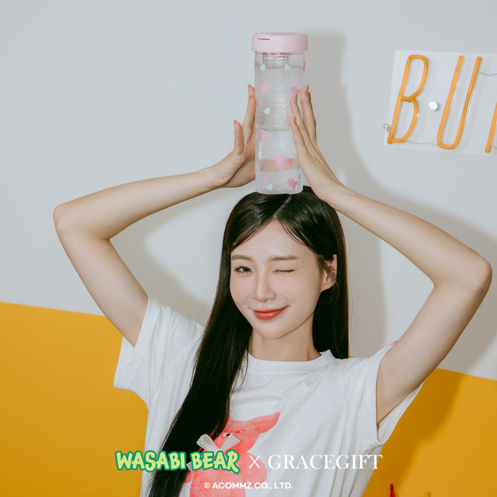 GraceGift Wasabi Bear聯名 粉芥末熊滿版印花透明吸管杯(800ml) 粉