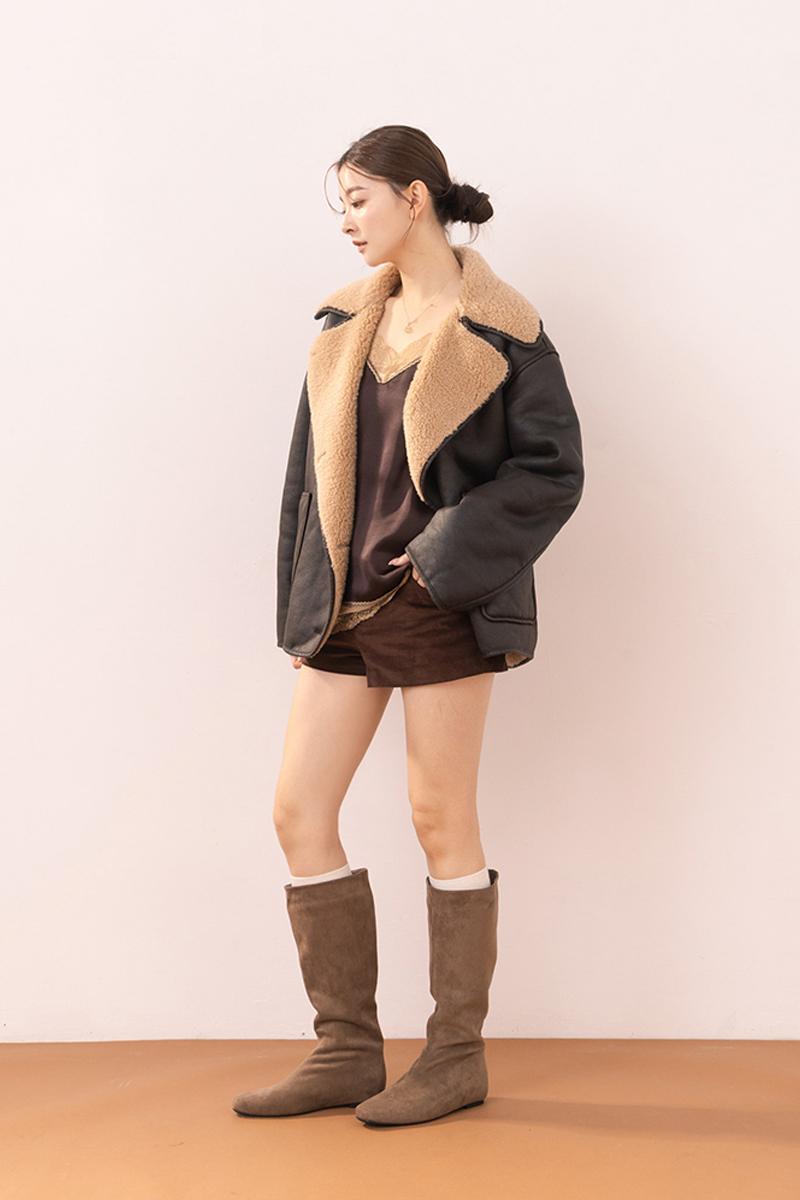 柔感美腿方頭絨布內增高堆堆長靴 