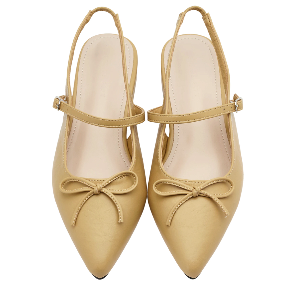 GraceGift 平價女鞋 法式尖頭 蝴蝶結後簍空芭蕾舞平底鞋 淺駝色