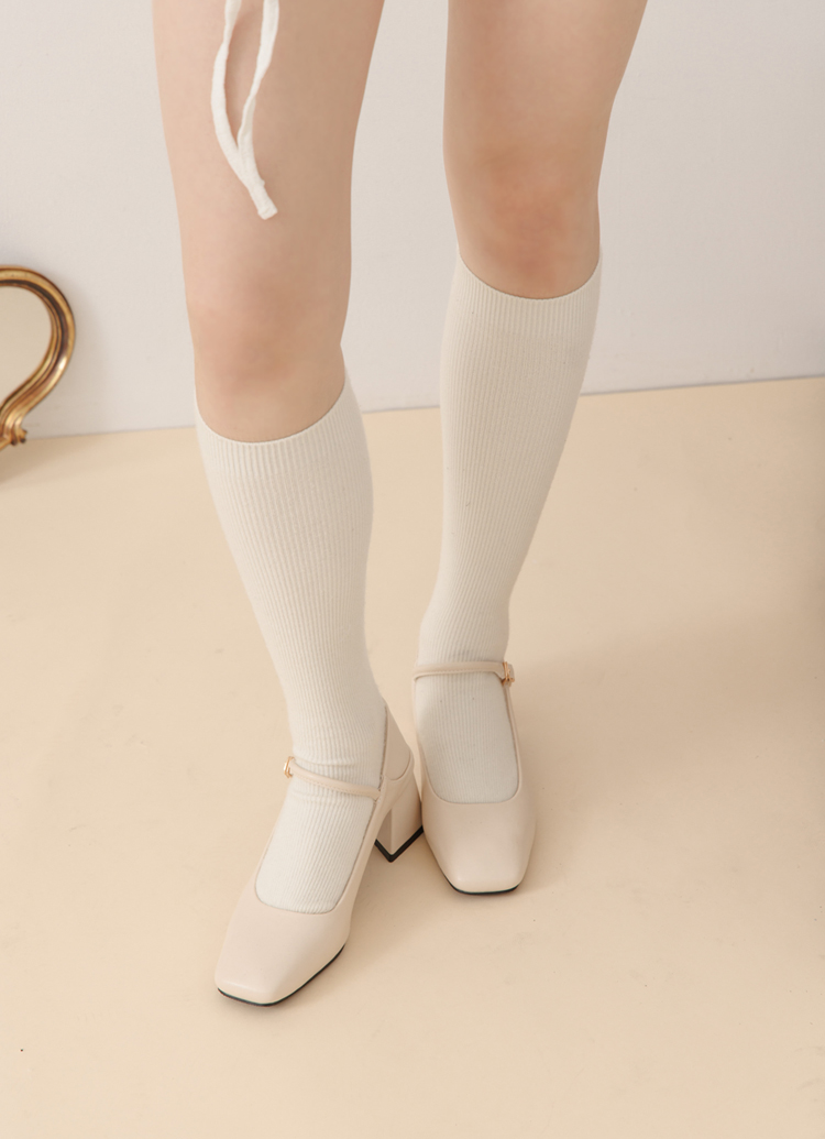 GraceGift平價女鞋 銀河系 方頭 中高跟 瑪莉珍芭蕾舞鞋 米白