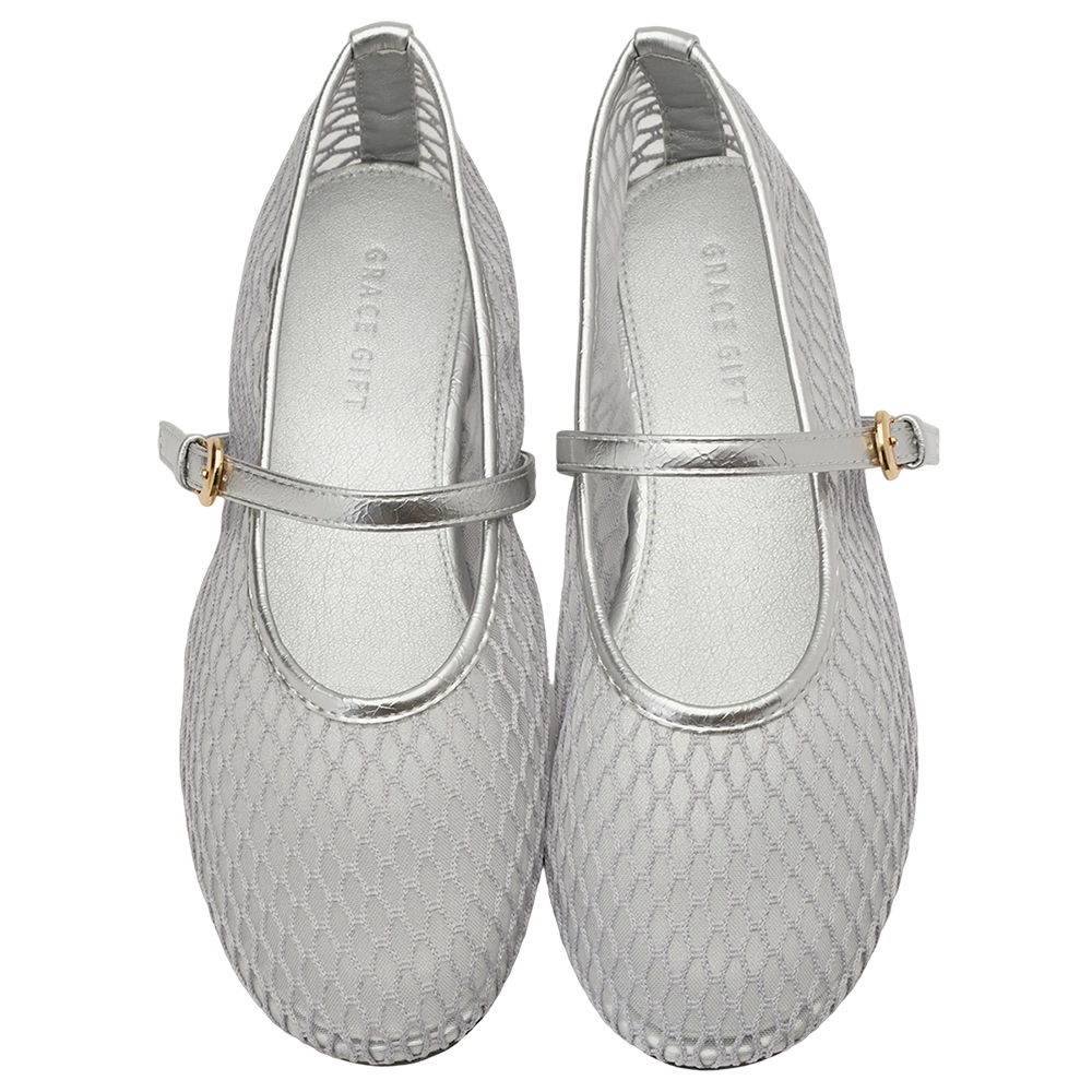 GraceGift平價女鞋 名人時尚 透膚網面 平底瑪莉珍鞋 銀色