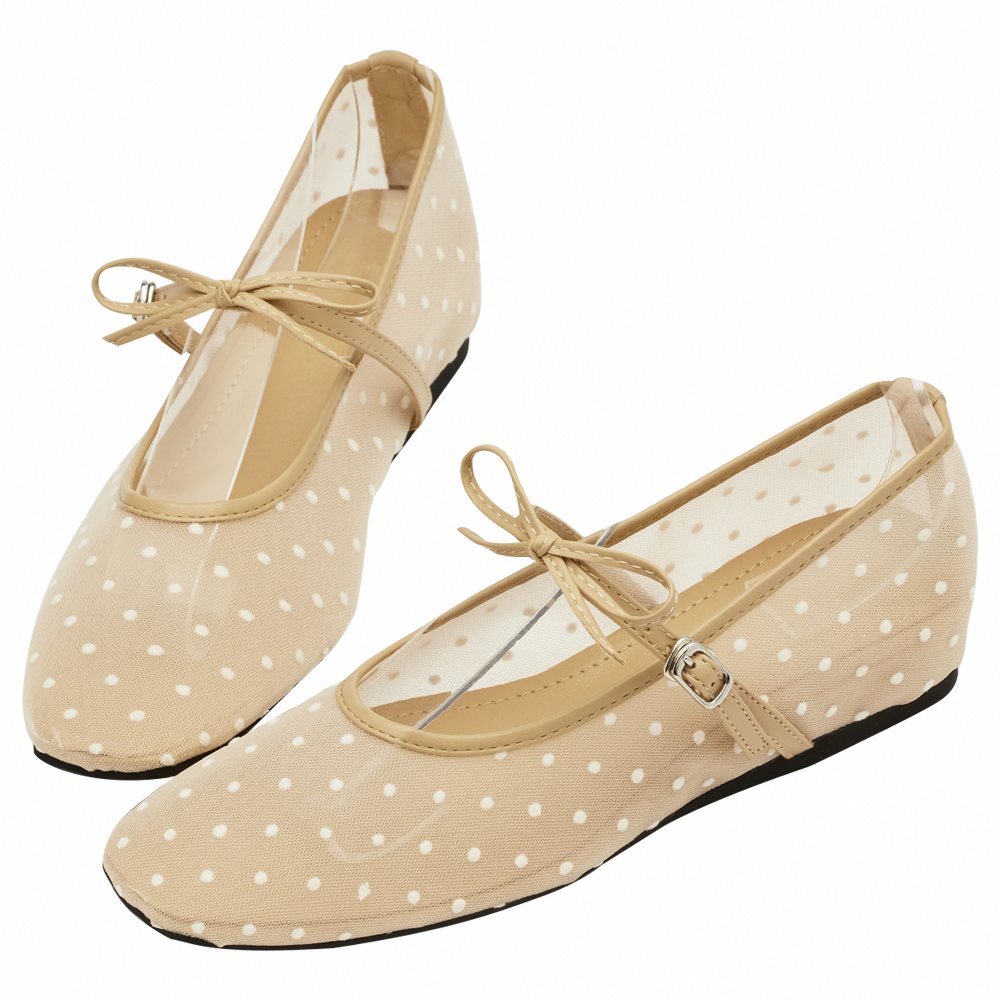 GraceGift平價女鞋 日系水玉 蝴蝶結網紗 內增高瑪莉珍鞋 卡其色