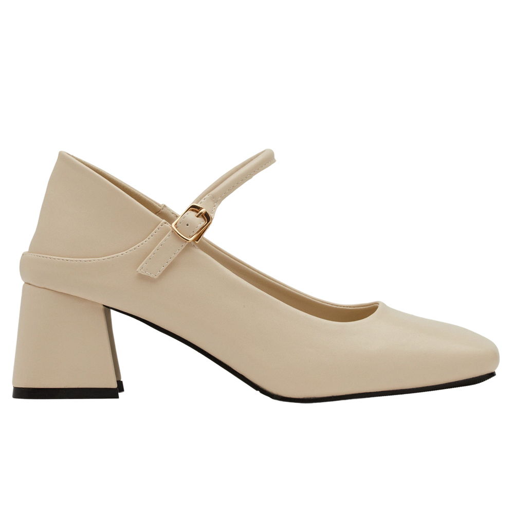 GraceGift平價女鞋 銀河系 方頭 中高跟 瑪莉珍芭蕾舞鞋 米白