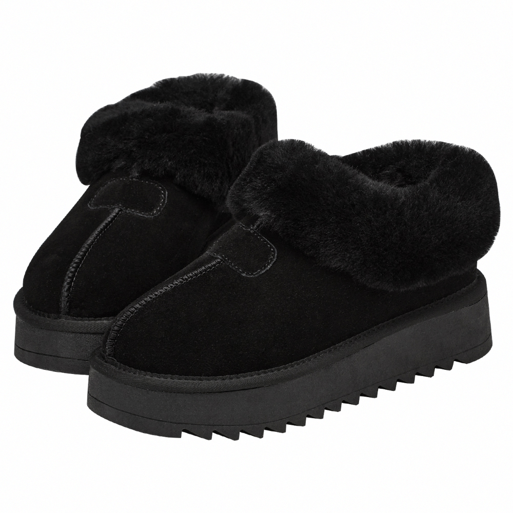 時髦雲朵暖絨牛麂皮短筒厚底雪靴 黑