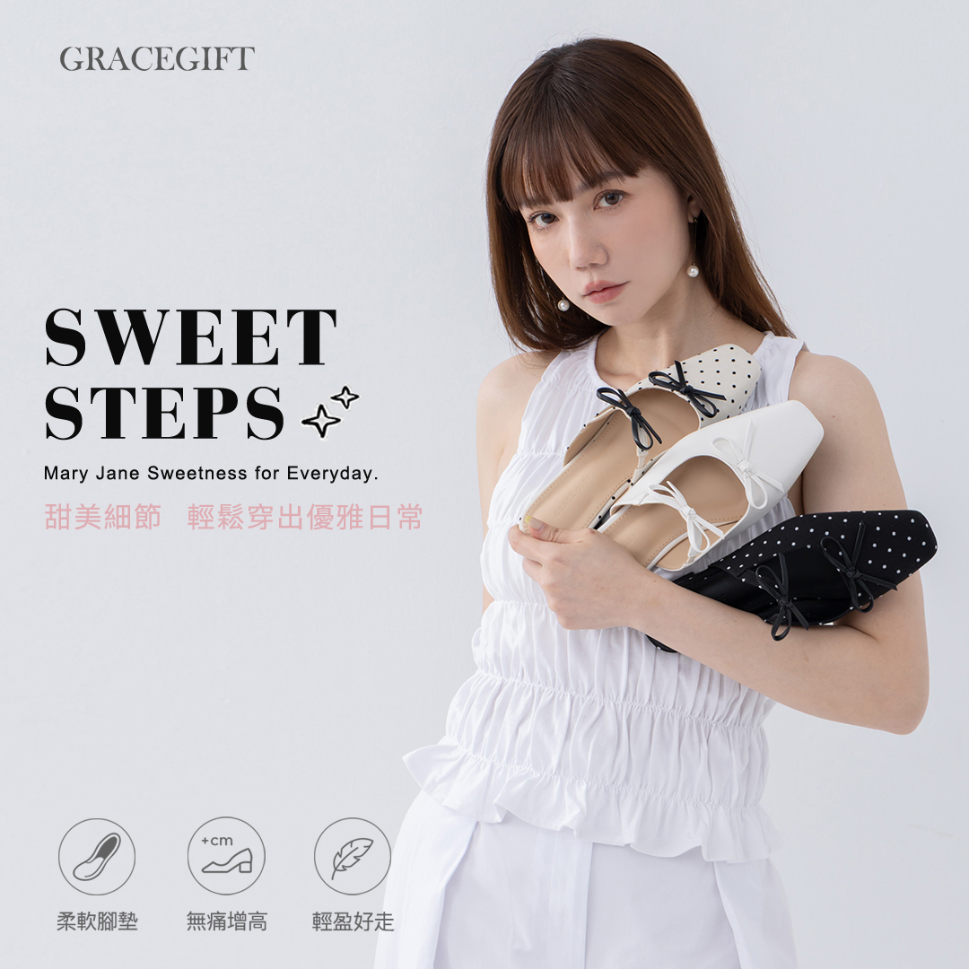 GraceGift平價女鞋 日雜穿搭蝴蝶結微方頭平底穆勒鞋 黑圓點