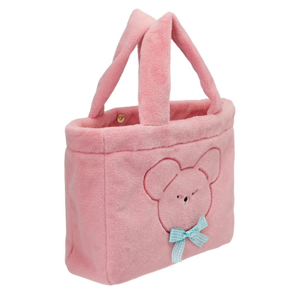 Grace Gift 平價女鞋 Wasabi Bear 聯名 粉芥末熊 格紋絨毛電繡 托特包 粉紅色 實拍圖