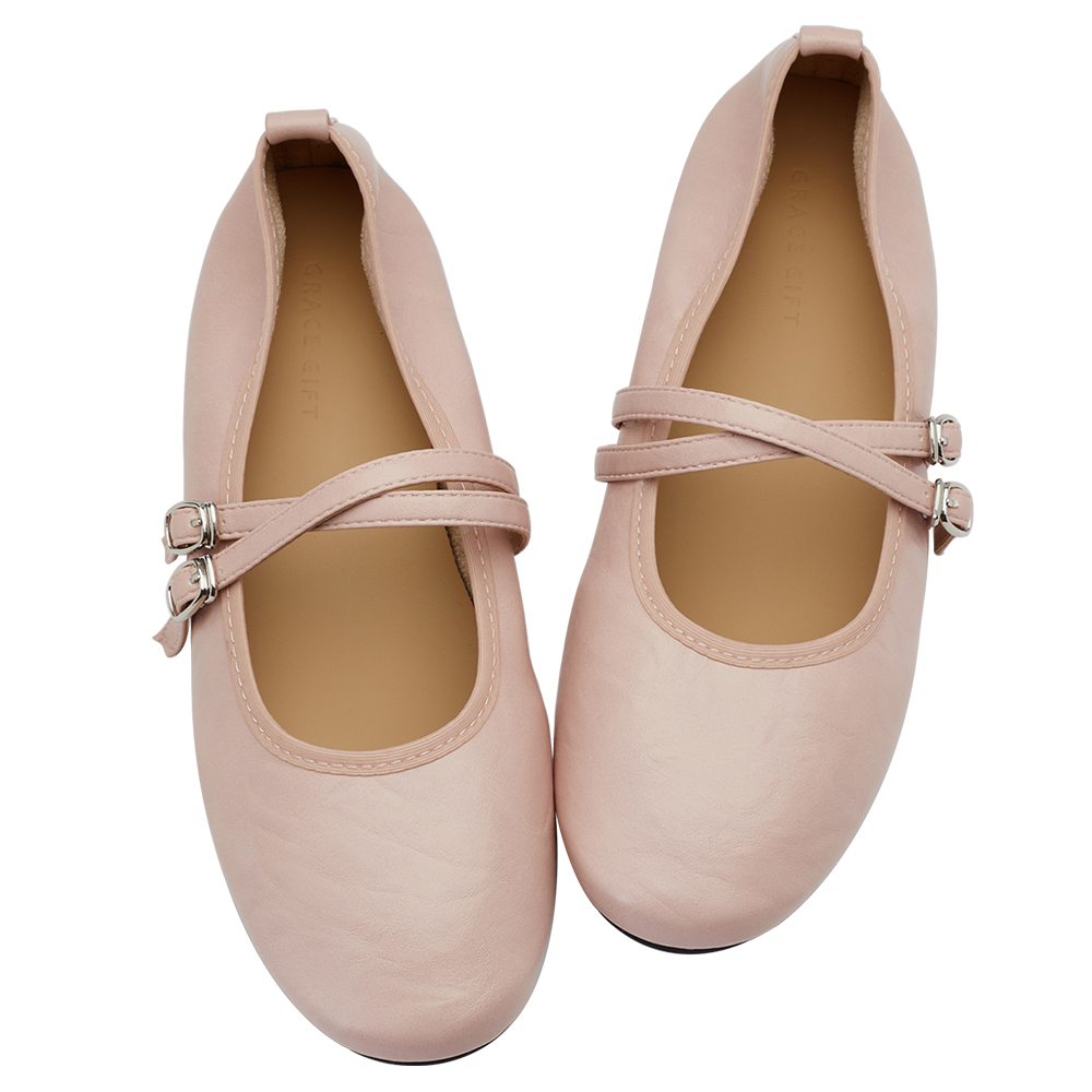 GraceGift平價女鞋 時尚秀場 圓頭 奶油雲朵極軟加厚乳膠芭蕾瑪莉珍鞋 粉色