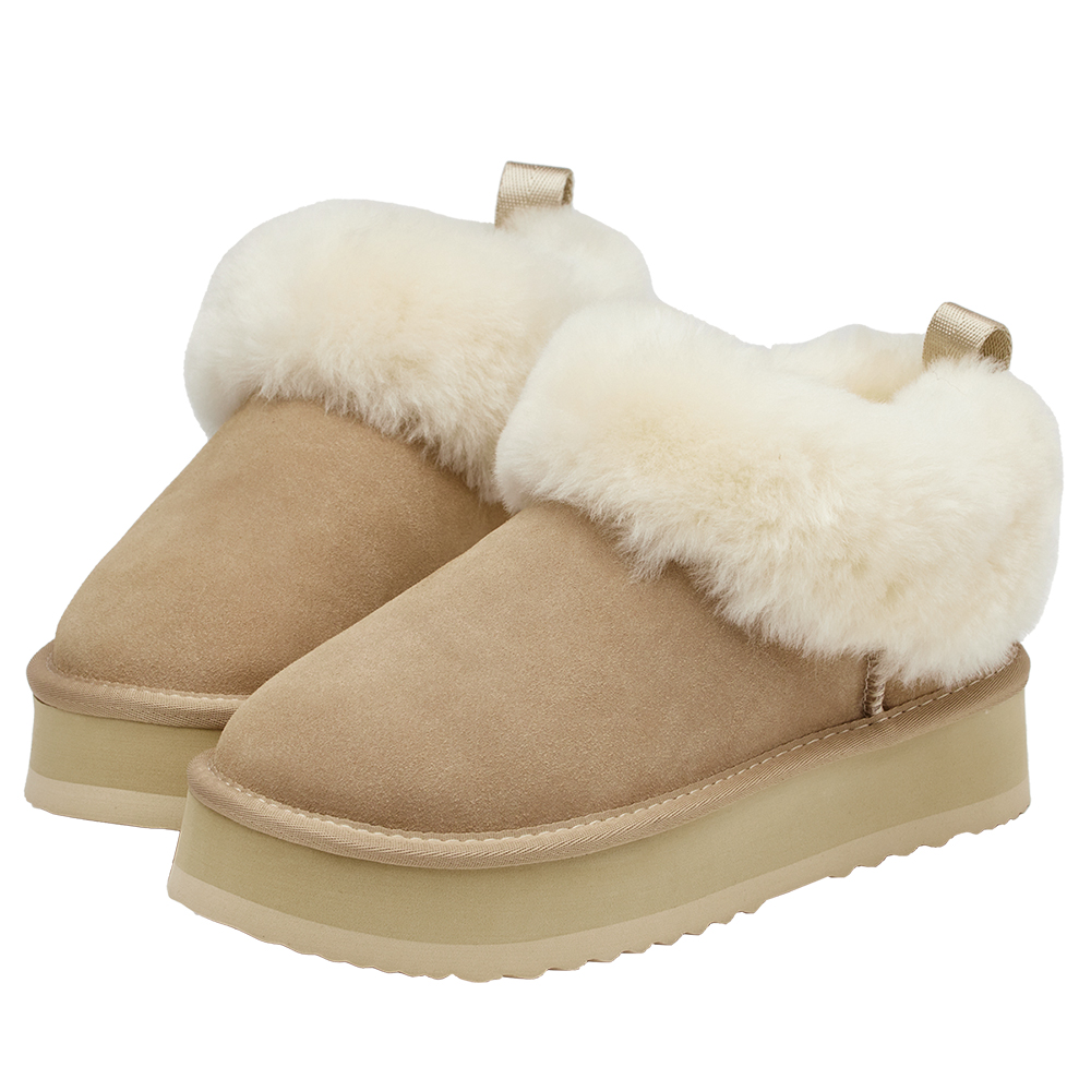 軟萌雲感翻毛短筒厚底雪靴 杏
