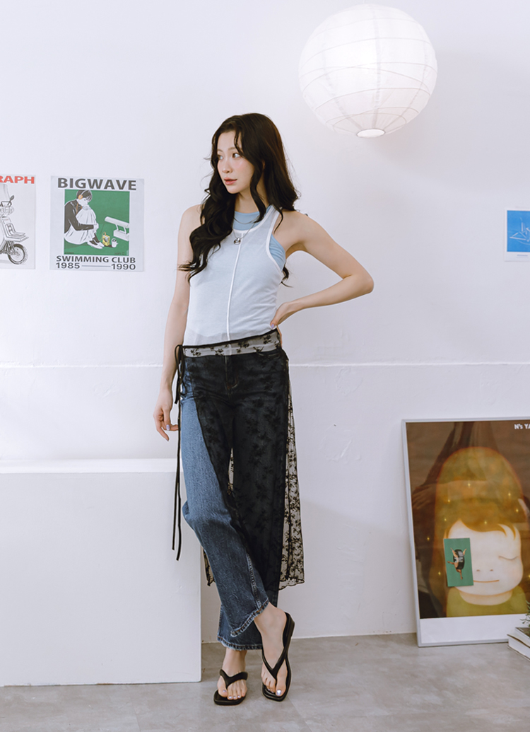 GraceGift 平價女鞋 時尚秀場 方頭 韓系慵懶人字中跟拖鞋 黑色