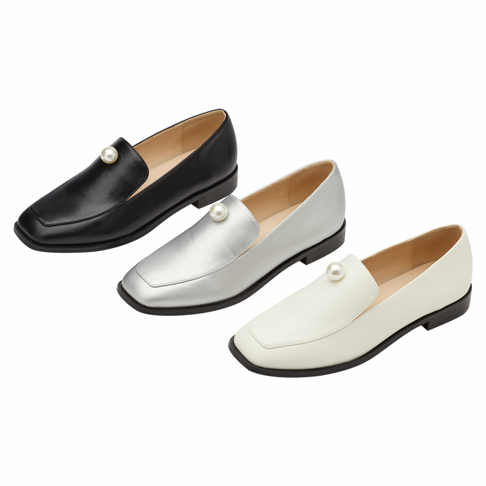 奕潔聯名-柔光珍珠方頭低跟樂福小皮鞋 黑