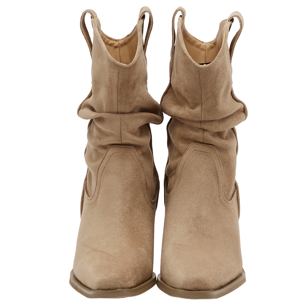 波希米亞尖頭V口絨布堆堆西部靴 駝