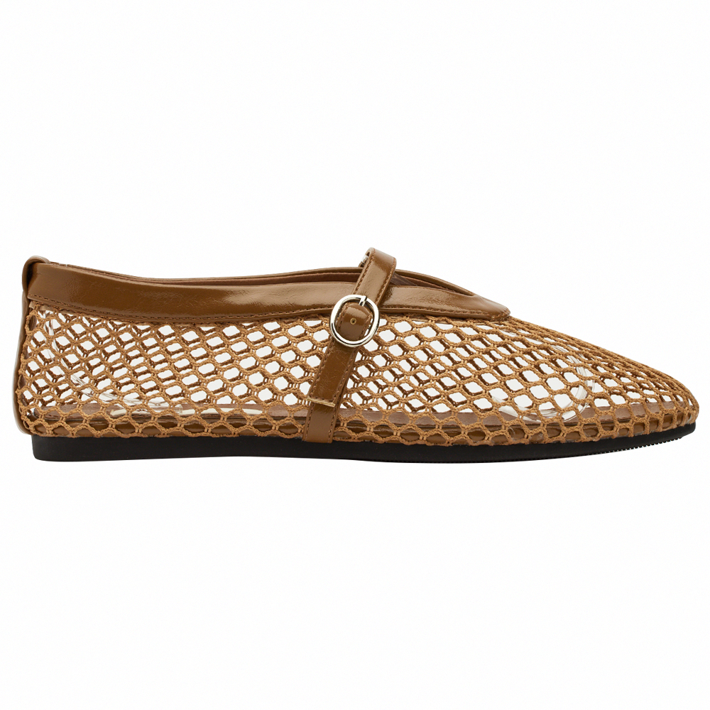 GraceGift 平價女鞋 個性網面 細閃芭蕾舞娃娃鞋 棕色 平底娃娃鞋 實拍圖