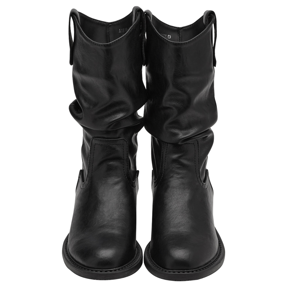 秋日復古皮革V口抓皺西部堆堆靴 黑