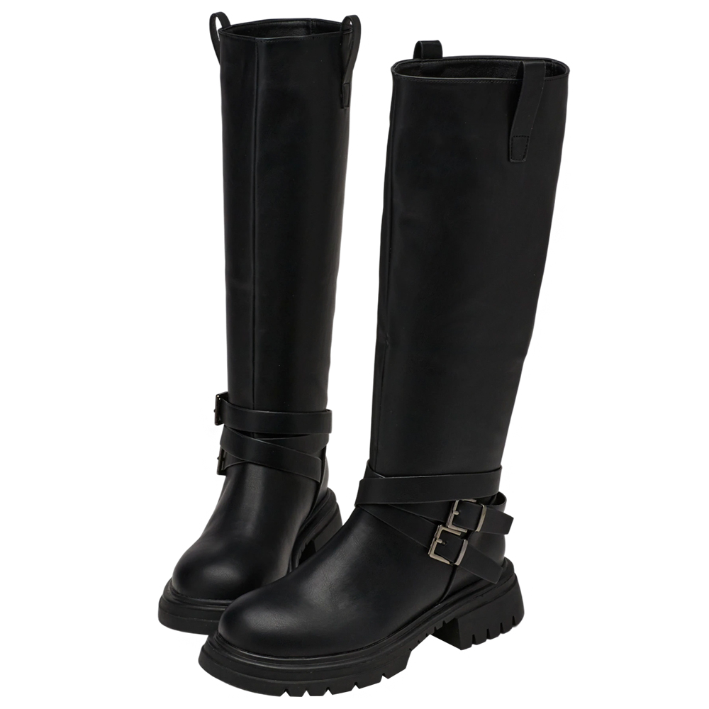 俐落圓頭側拉環繞踝皮帶厚底長靴 黑