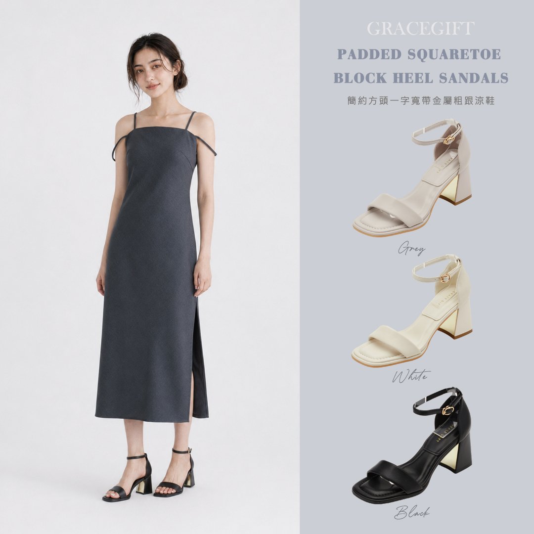 簡約方頭一字寬帶金屬粗跟涼鞋 淺灰，7公分穩定粗跟，質感合成皮革打造都會優雅風格