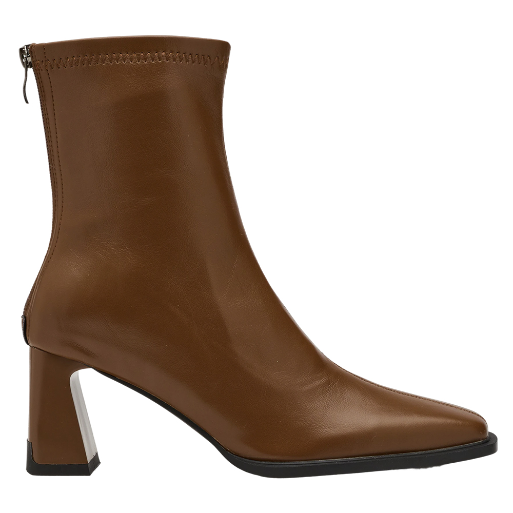 時髦歐膩方頭後拉鍊車線高跟襪靴 咖