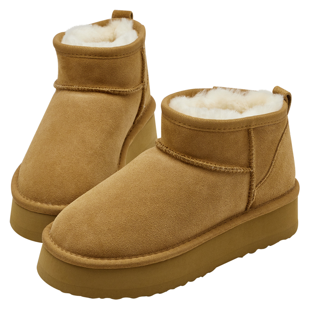 經典百搭牛麂皮羊毛短筒厚底雪靴 栗子