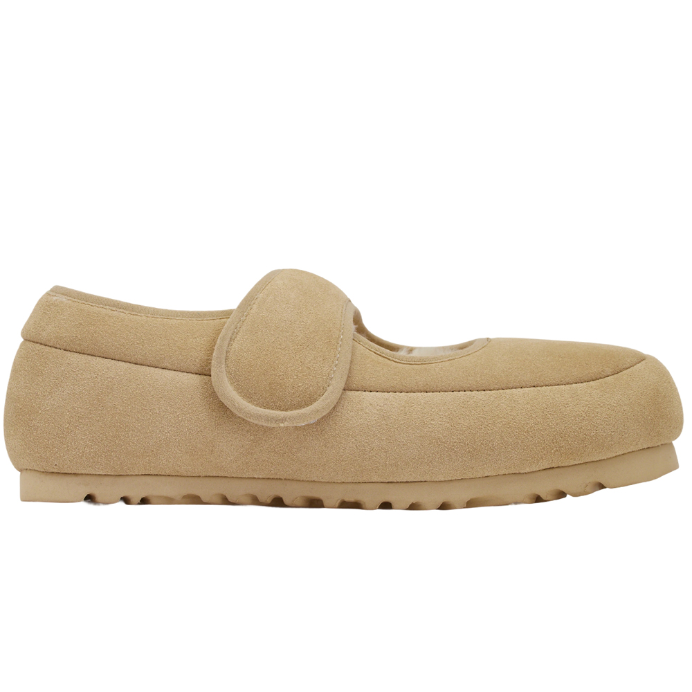 輕甜冬日真皮毛毛輕量瑪莉珍平底鞋 杏