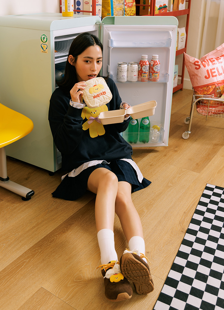 GraceGift Wasabi Bear聯名 黃芥末熊 格紋鋪棉收納包 粉色 實拍圖