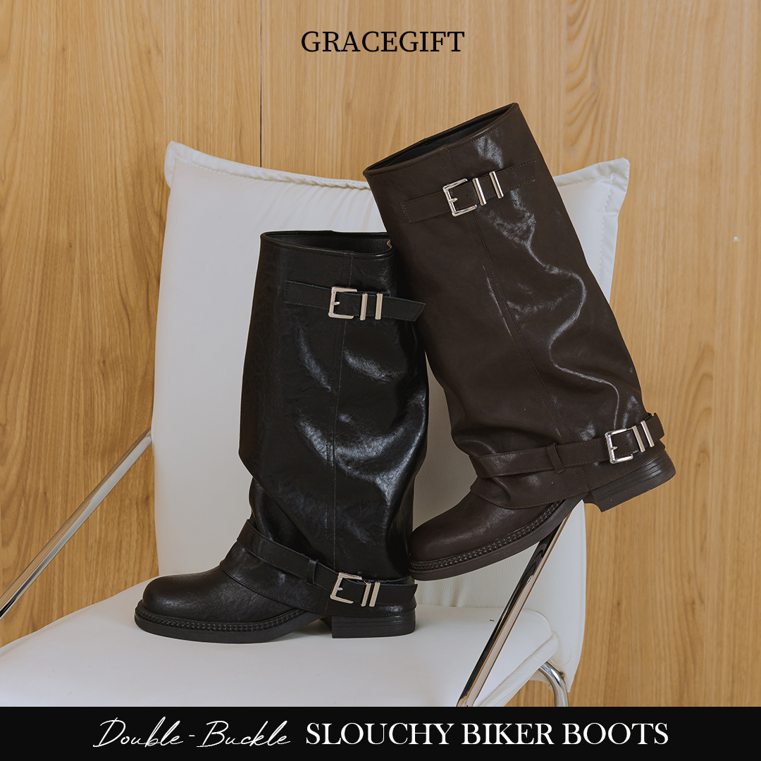 GraceGift長筒機車靴咖色雙扣帶設計與堆疊靴身造型