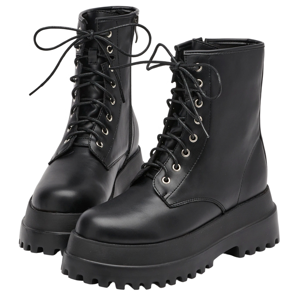 當代主義圓頭輕量增高綁帶靴  黑