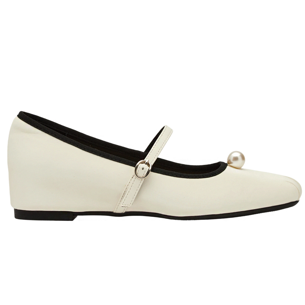 GraceGift平價女鞋 簡約珍珠 方頭撞色 內增高 瑪莉珍鞋 白色