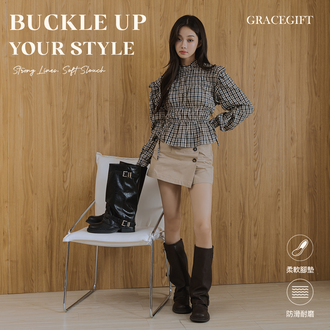 GraceGift長筒機車靴咖色雙扣帶設計與堆疊靴身造型