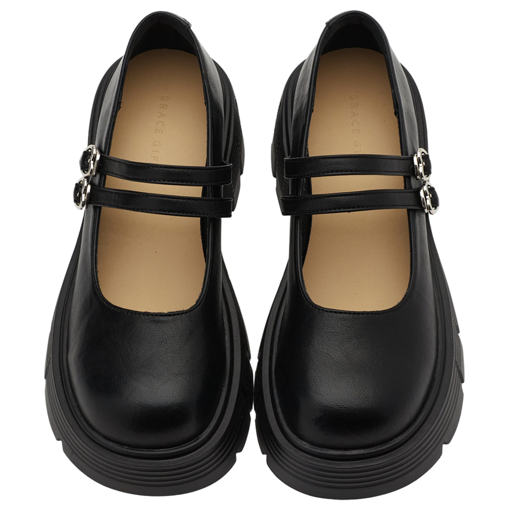 GraceGift 平價女鞋 日系學院 2WAY愛心雙帶輕量瑪莉珍鞋 黑漆 厚底瑪莉珍鞋