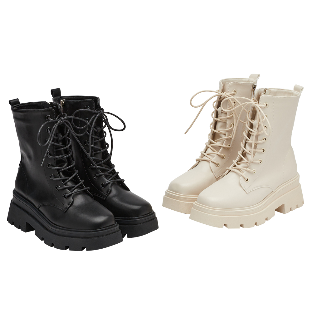叛逆潮流方頭鬆糕厚底綁帶靴 黑