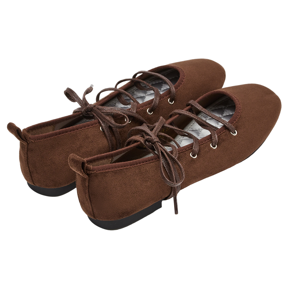 可可芭蕾絨面交叉綁繩芭蕾舞平底鞋 咖