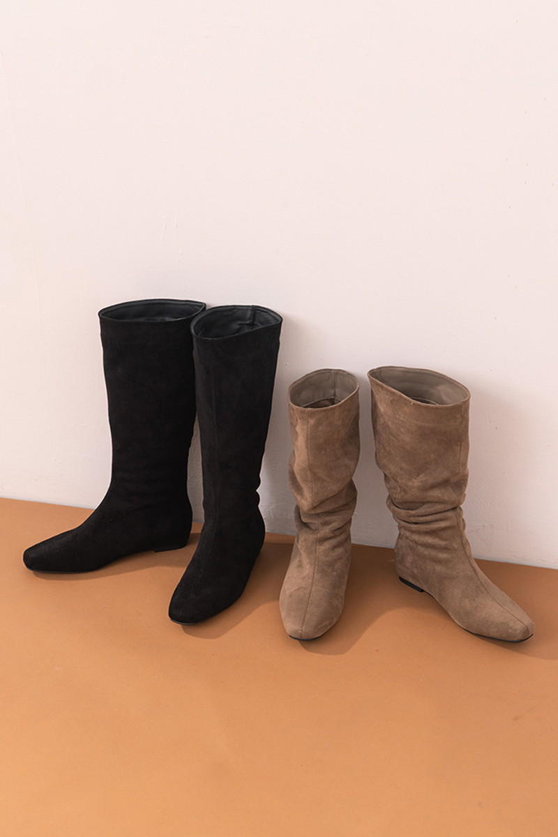 柔感美腿方頭絨布內增高堆堆長靴 