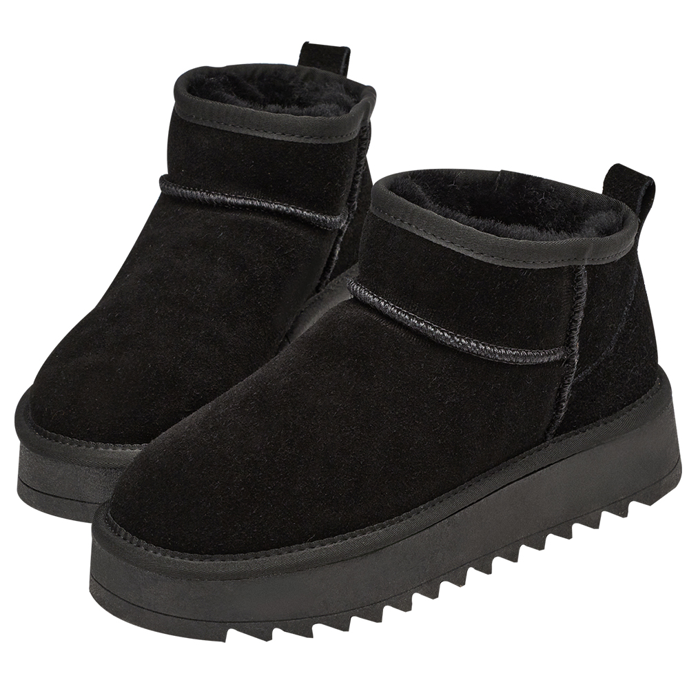 保暖神器暖絨牛麂皮短筒厚底雪靴 黑