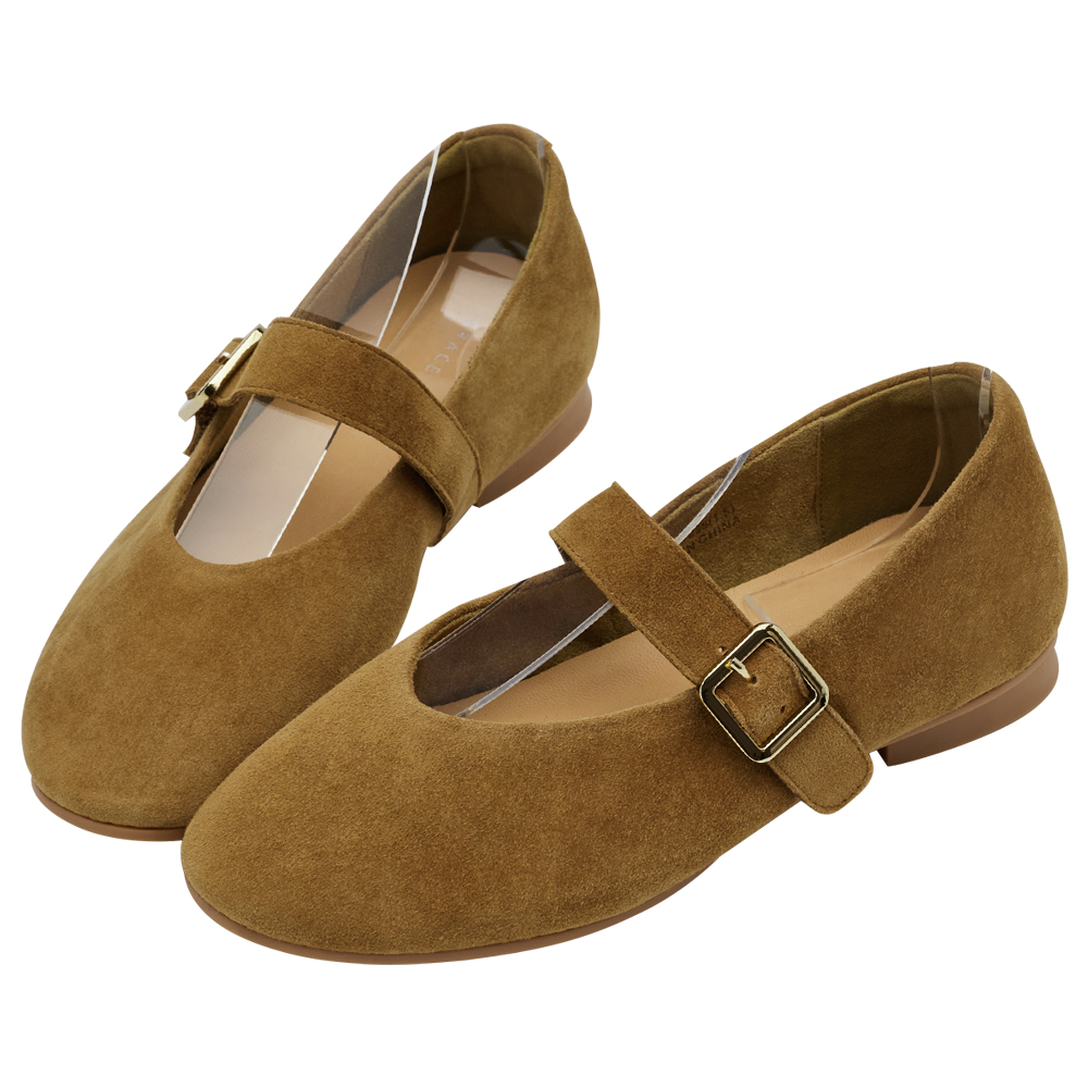 GraceGift 平價女鞋 時尚秀場 圓頭 精品級金屬方釦真皮平底瑪莉珍鞋 棕色