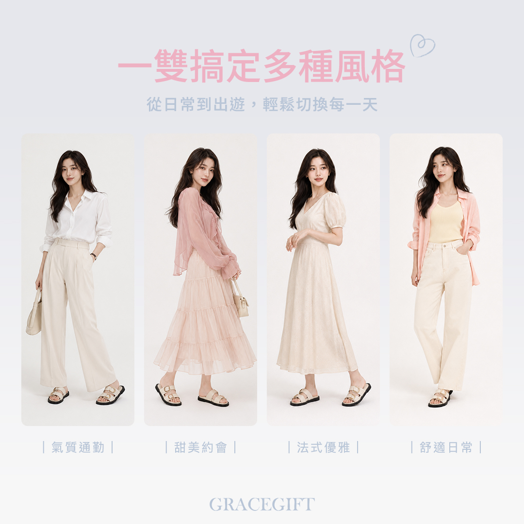 GraceGift平價女鞋 時尚秀場 日光奶茶復古金屬扣雙帶拖鞋 黑色