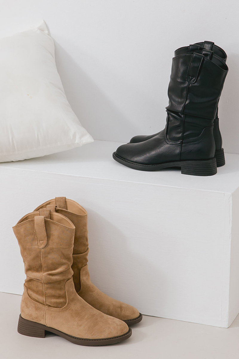 秋日復古皮革V口抓皺西部堆堆靴