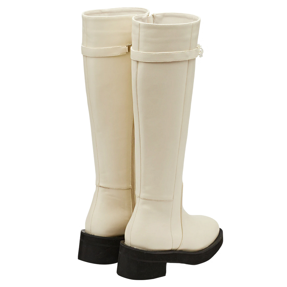 奕潔聯名-法式珠寶盒方頭2WAY珍珠顯瘦長靴 米白