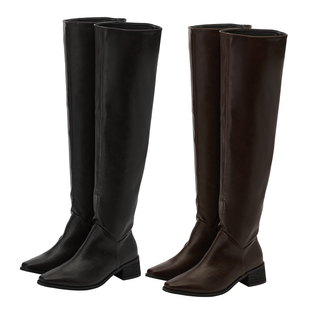 高級氣場方頭2way皮革過膝堆堆長靴 黑
