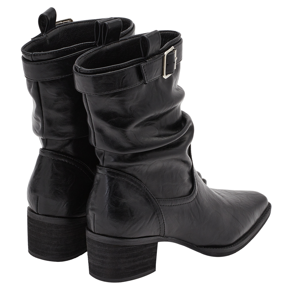 悅悅聯名-都會格調尖頭皮革2way堆堆低跟西部靴 黑