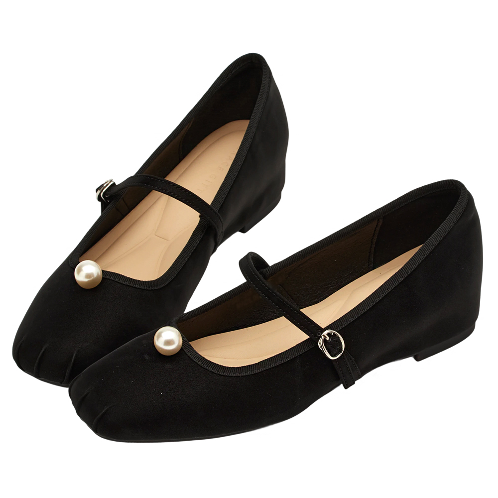 GraceGift平價女鞋 簡約珍珠 方頭撞色 內增高 瑪莉珍鞋 黑色