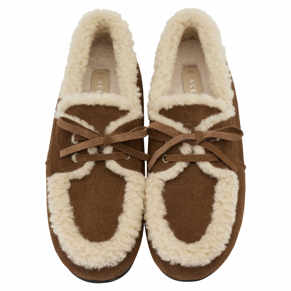 復古暖意真皮羊羔毛莫卡辛鞋 棕