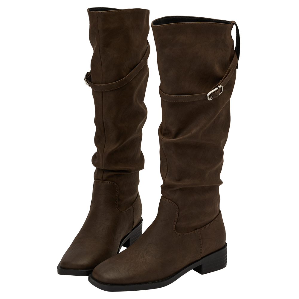 韓系層次方頭2way皮帶環堆堆機車長靴 棕