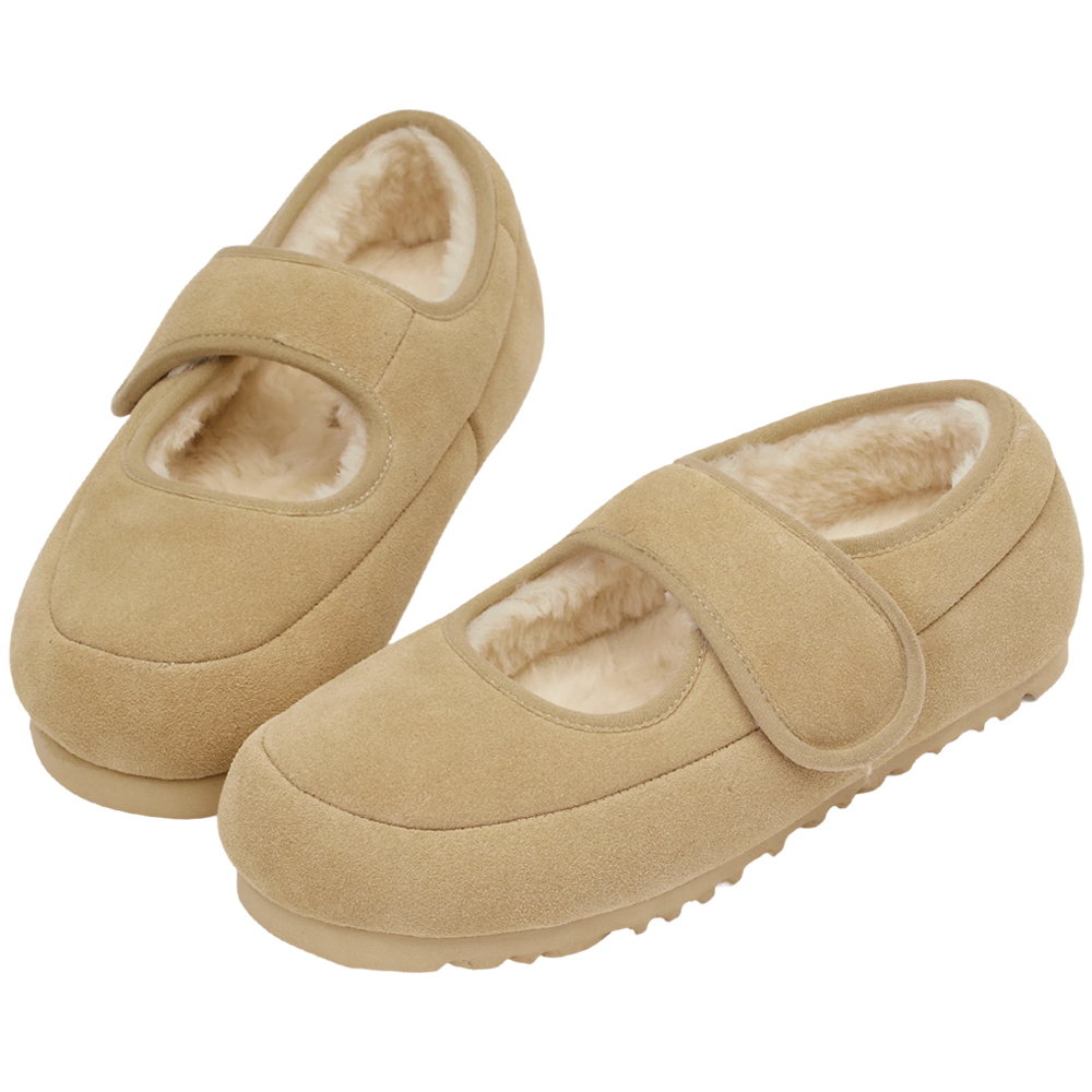 輕甜冬日真皮毛毛輕量瑪莉珍平底鞋 杏