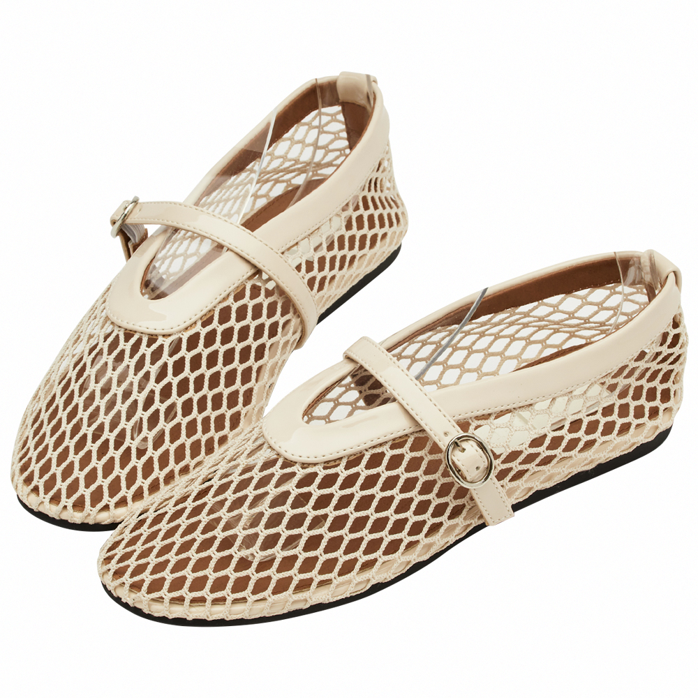 GraceGift 平價女鞋 個性網面 細閃芭蕾舞娃娃鞋 杏色 平底娃娃鞋 實拍圖