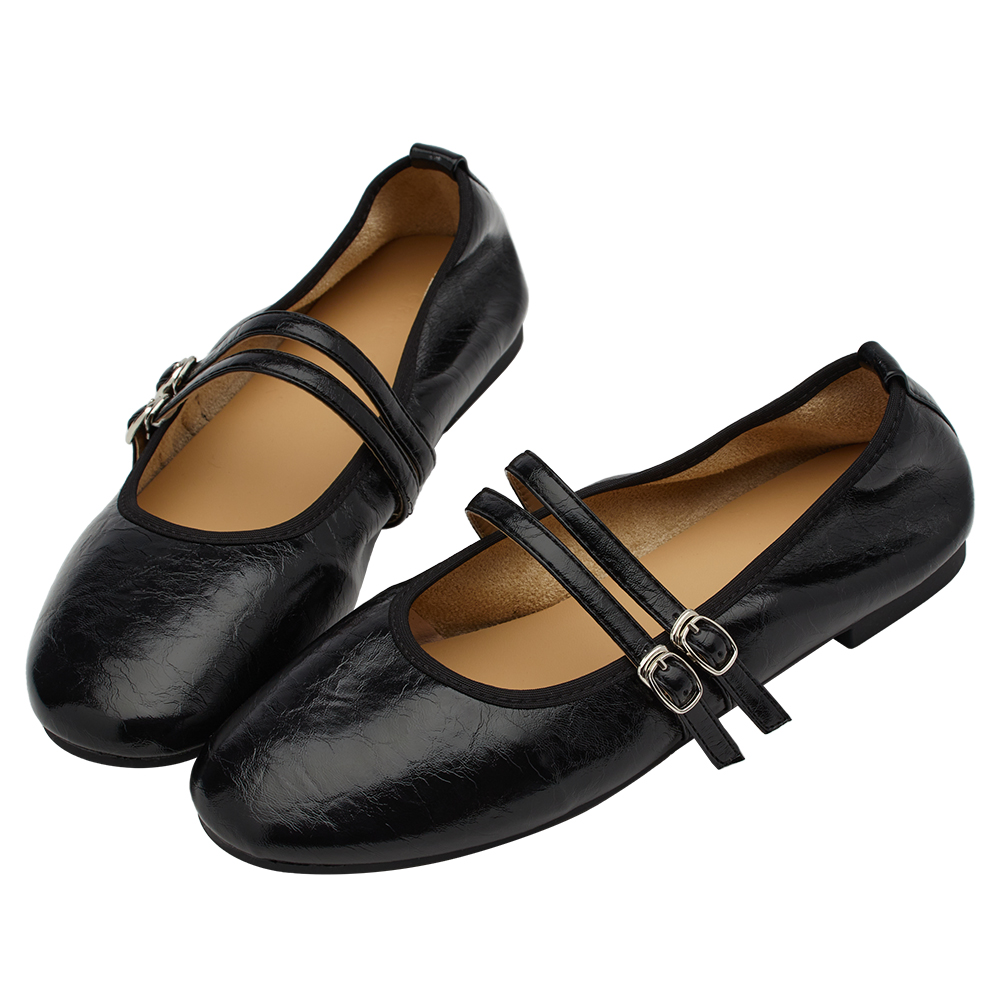 GraceGift平價女鞋 時尚秀場 圓頭 奶油雲朵極軟加厚乳膠芭蕾瑪莉珍鞋 黑色