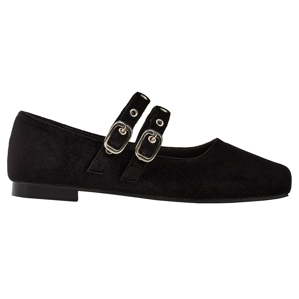 李柔聯名-甜酷序曲方頭金屬雙帶芭蕾舞瑪莉珍鞋 黑絨布