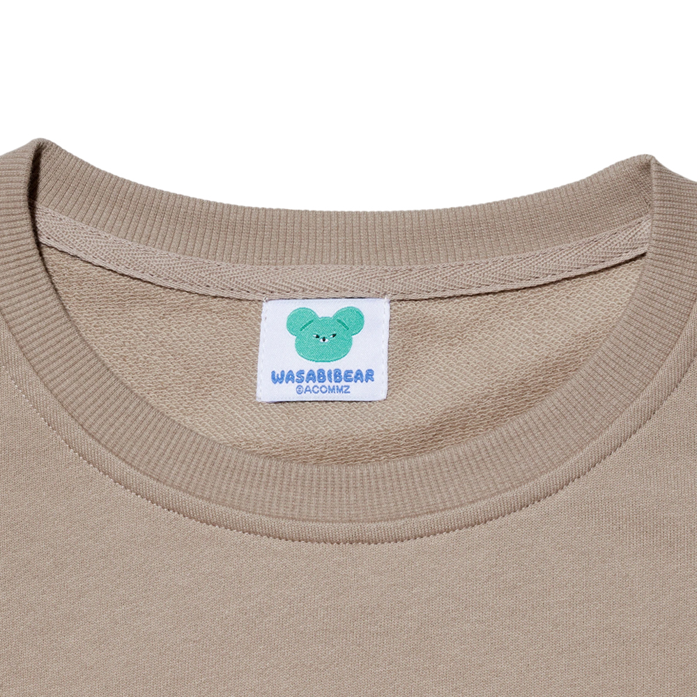 GraceGift Wasabi Bear聯名 粉芥末熊 蝴蝶結撞色印花大學T 卡其色 實拍圖