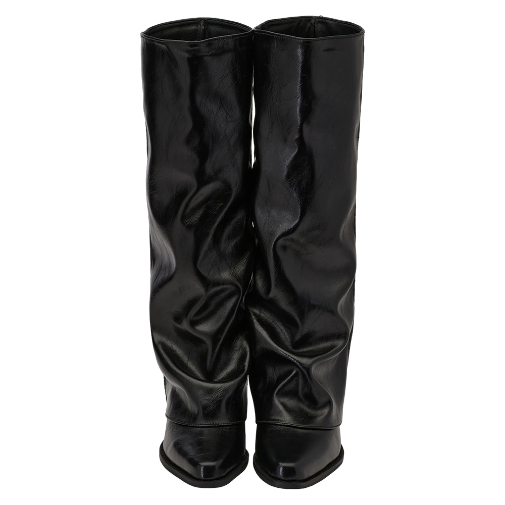 時尚秀場尖頭中跟堆堆褲管長靴 黑