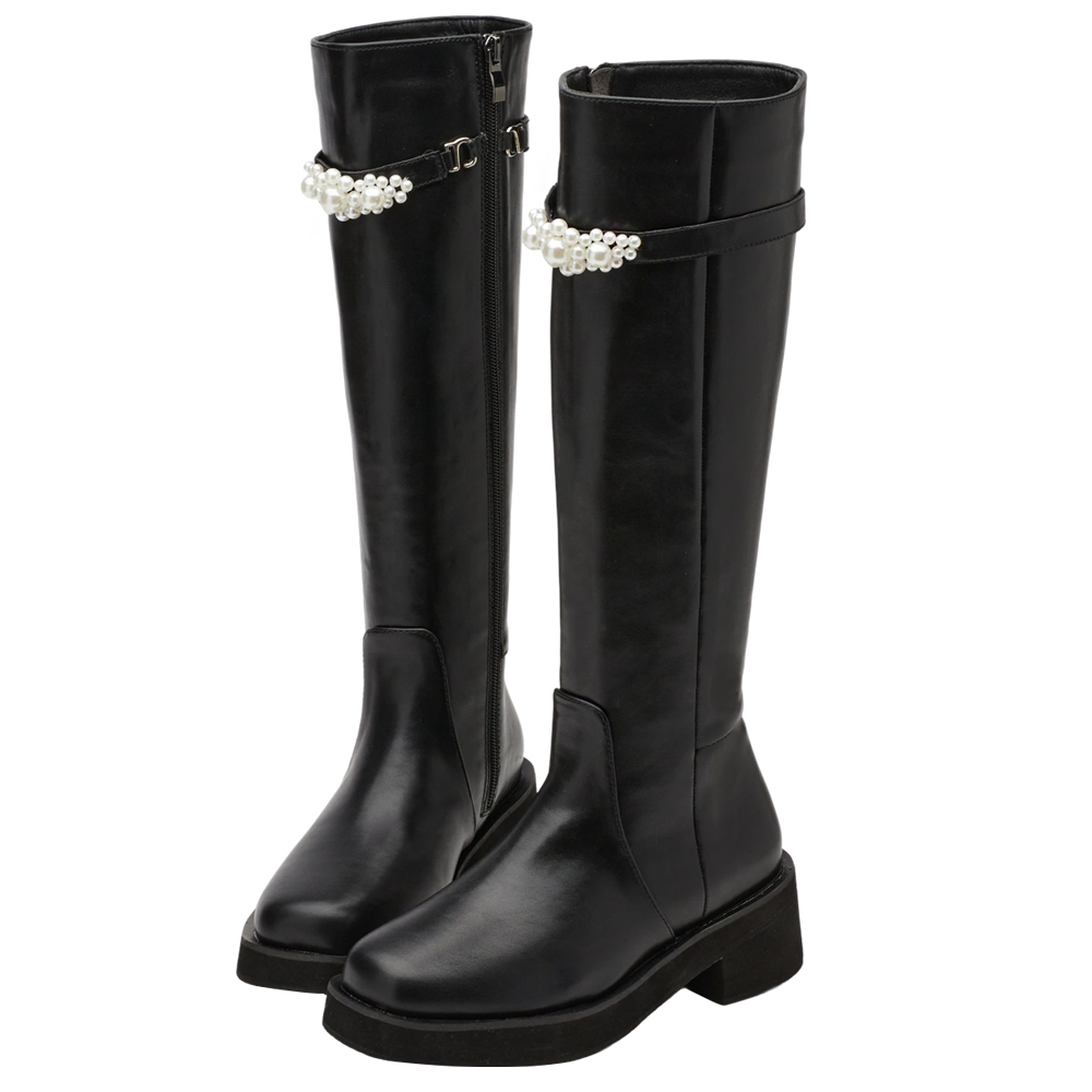 奕潔聯名-法式珠寶盒方頭2WAY珍珠顯瘦長靴 黑